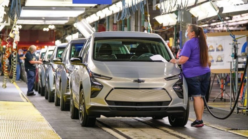UAW Local 5960 member Kimberly Fuhr inspects a Chevrolet Bolt EV during vehicle production on May 6, 2021, at the General Motors Orion Assembly Plant in Orion Township, Michigan.
