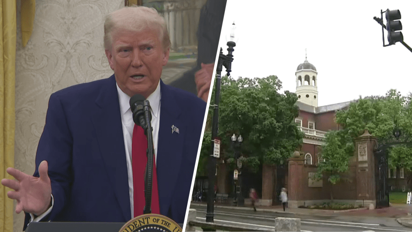 President Donald Trump, seen at left, and Harvard University at right